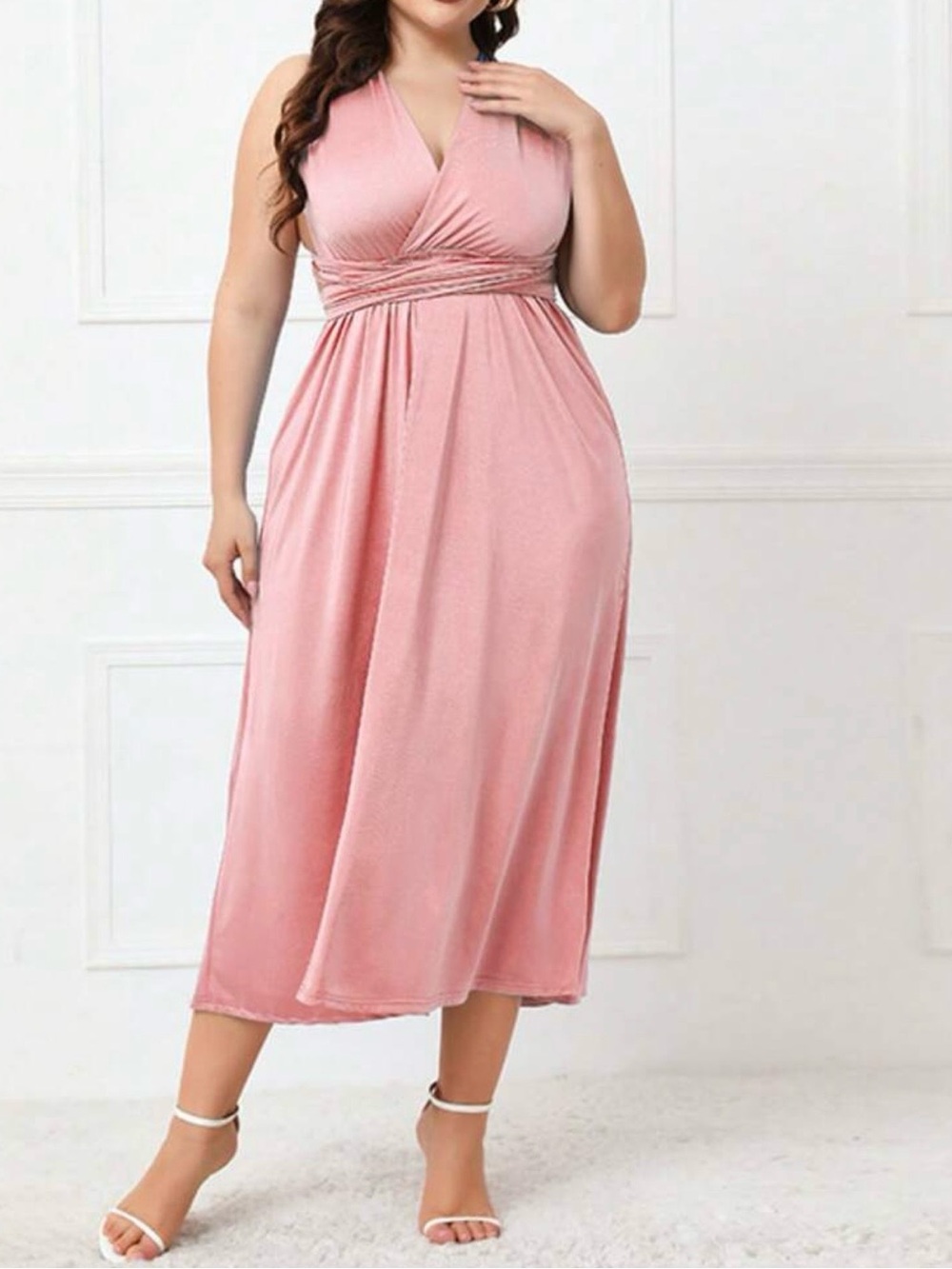 Plus Size Pink V-Neck Wrap Midi Dress